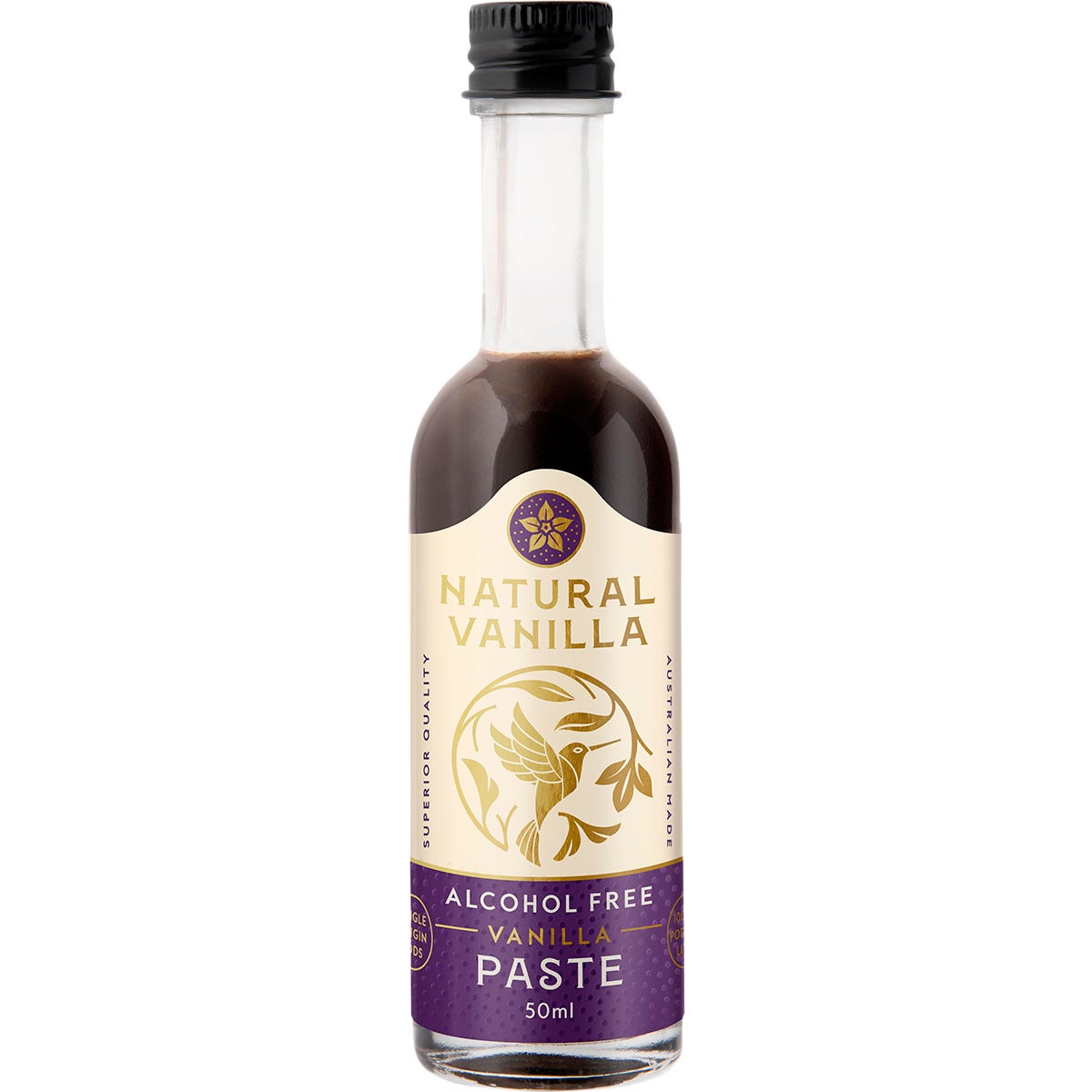 50ml bottle of Natural Vanilla Company alcohol free vanilla paste with single origin pressed vanilla pods and seeds.