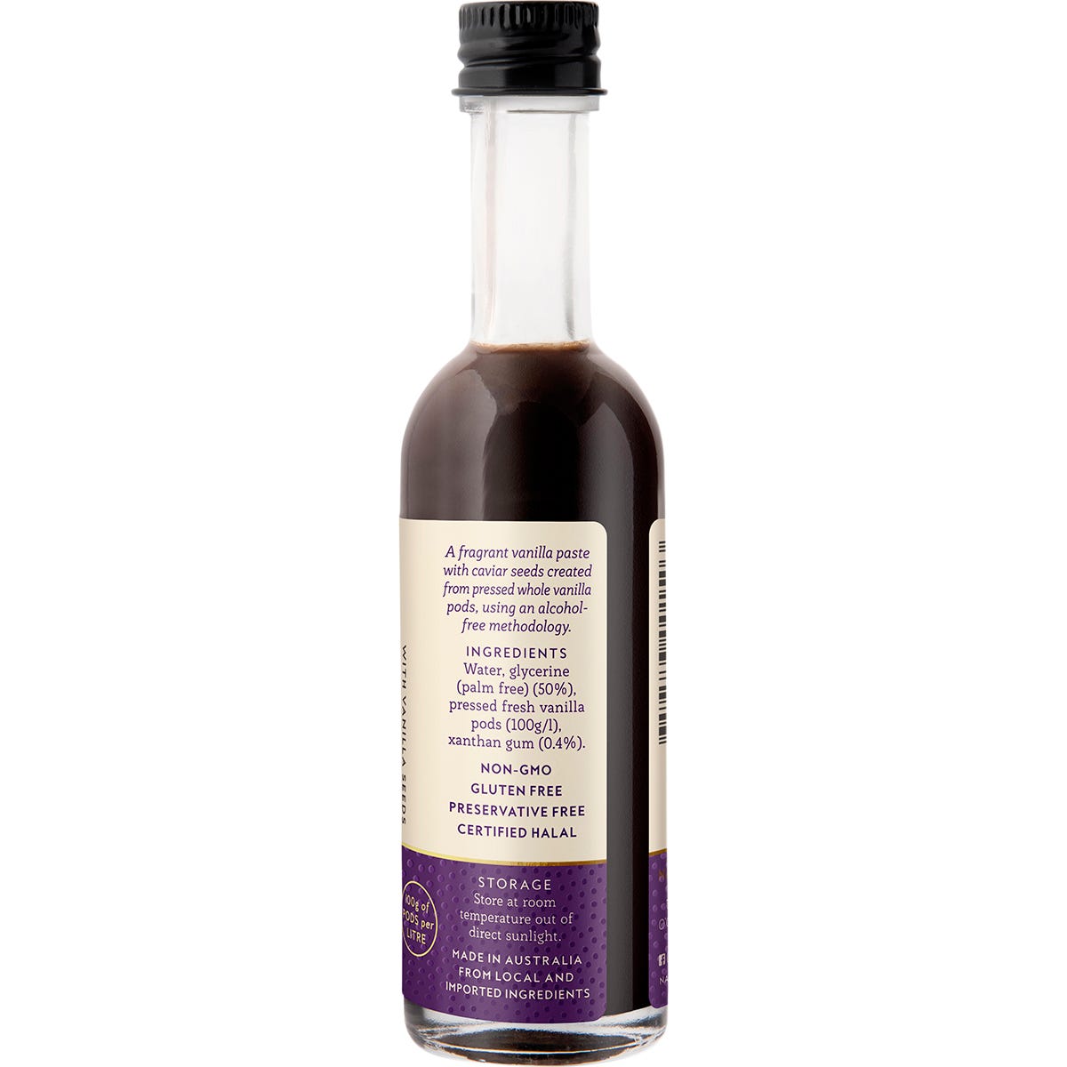 50ml bottle of Natural Vanilla Company Alcohol Free Vanilla Paste with a label showing vanilla pods and seeds.