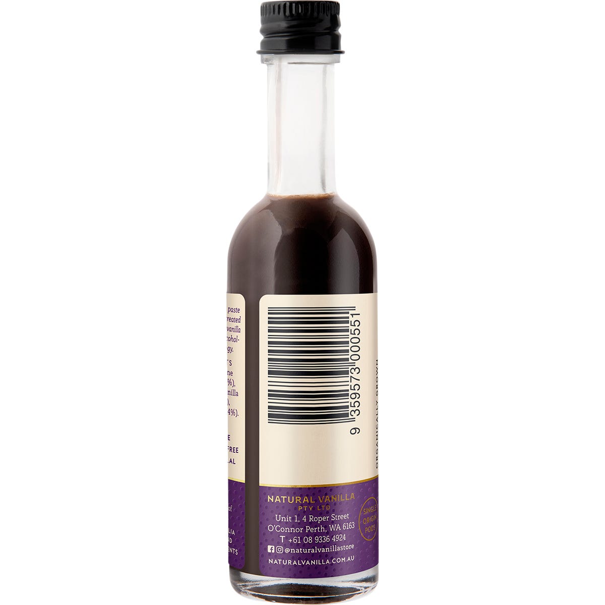 Right side of Natural Vanilla Company 50ml vanilla paste bottle showing ingredients, nutrition facts, and Halal logo.