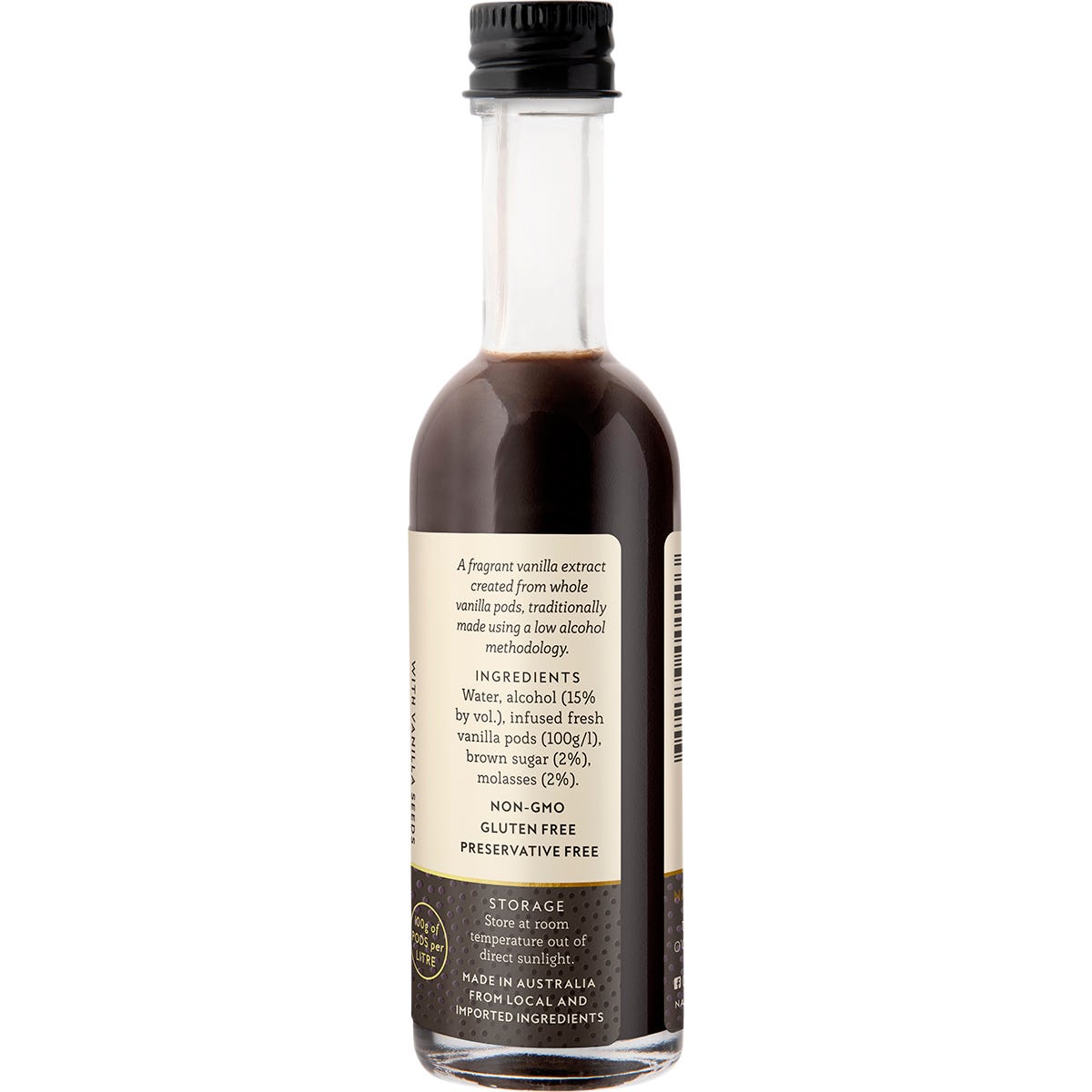 Side view of Natural Vanilla Company Traditional Vanilla Extract 50ml bottle with a brown and white label.