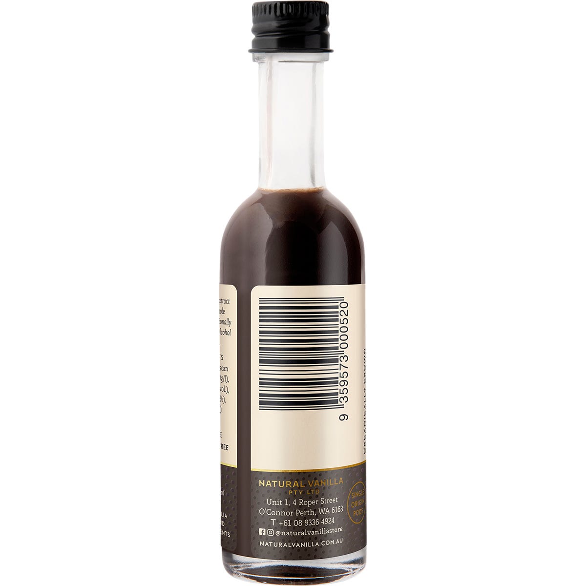 Right side of Natural Vanilla Company Traditional Vanilla Extract 50ml bottle showing nutrition facts and barcode.