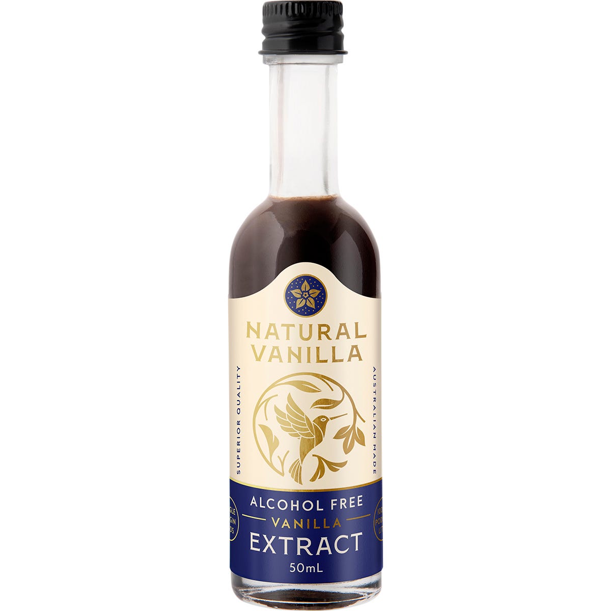Natural Vanilla Company 50ml alcohol-free vanilla extract bottle with a white label and brown cap.