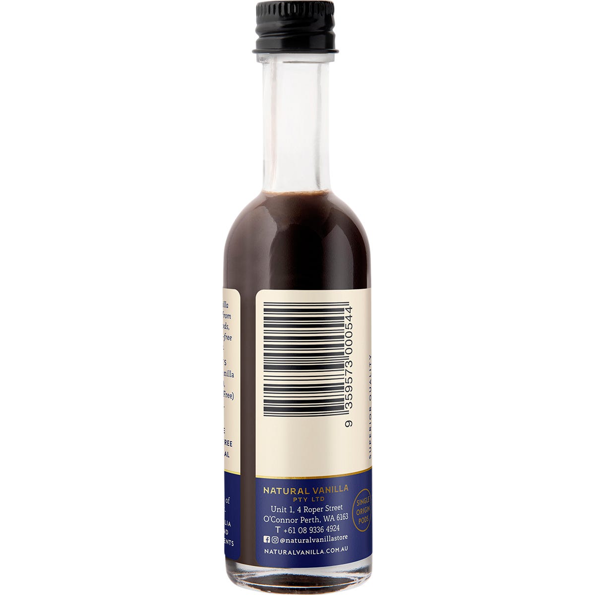 Natural Vanilla Company 50ml alcohol-free vanilla extract bottle shown from a right-side angle.