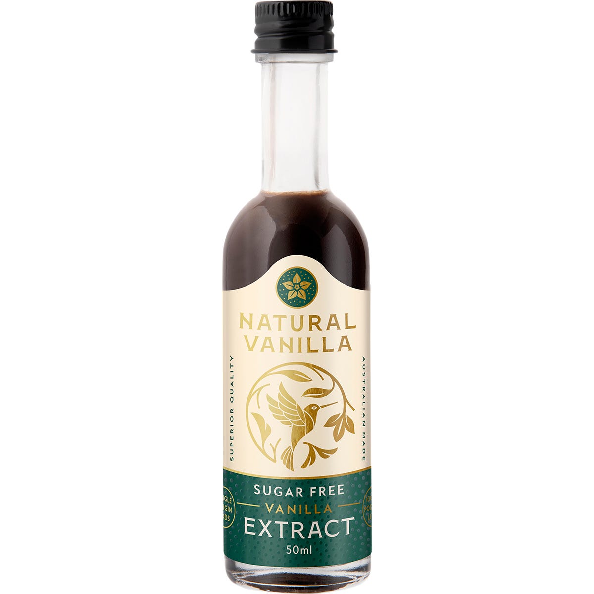 50ml bottle of Natural Vanilla Company Sugar Free Vanilla Extract with a gold label and brown liquid.