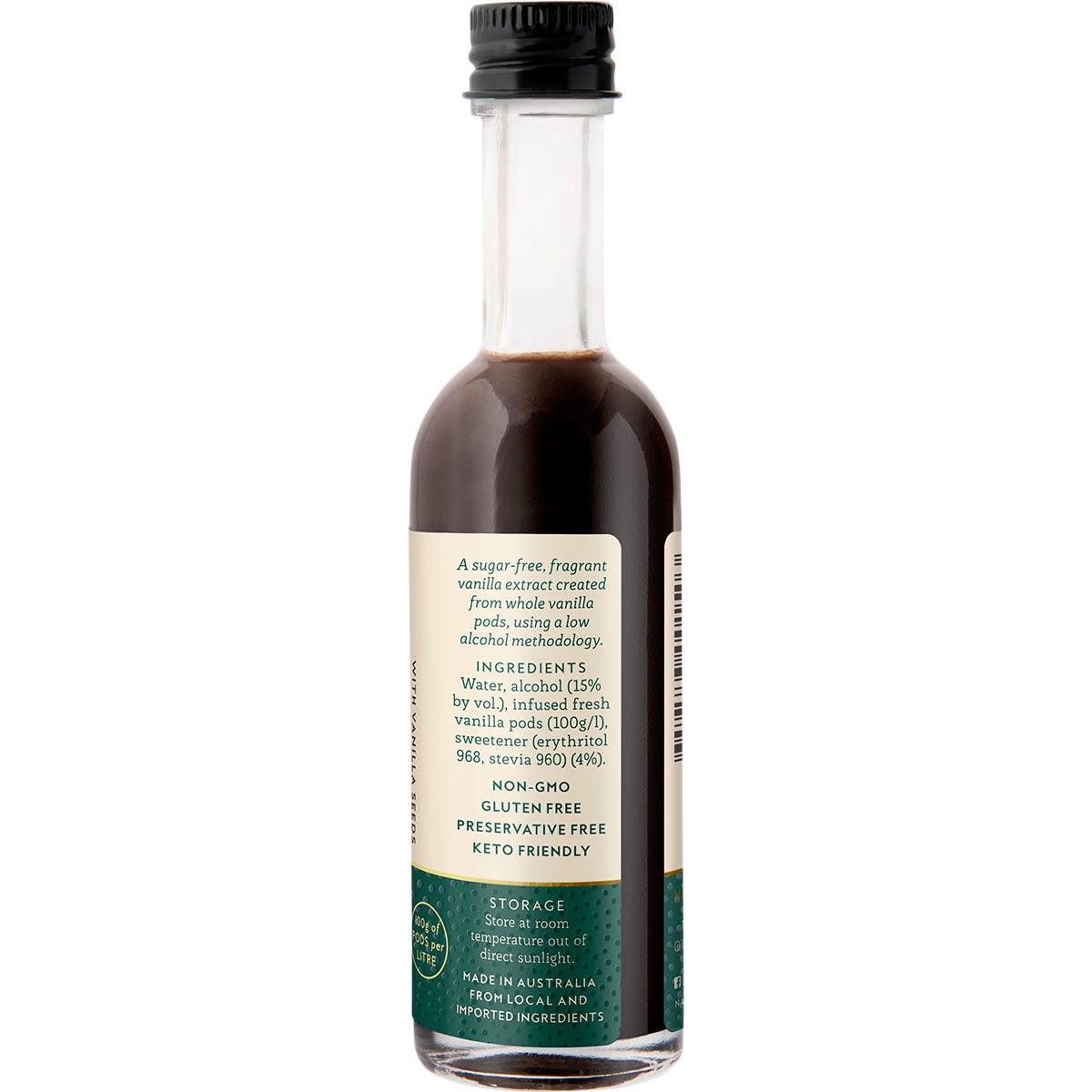 Side view of Natural Vanilla Company Sugar Free Vanilla Extract 50ml bottle showing ingredients and Australian made logo.