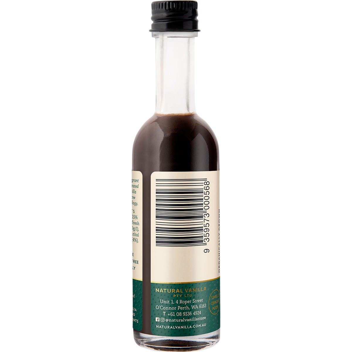 Right side of a 50ml Natural Vanilla Company Sugar Free Vanilla Extract bottle showing product details and directions.