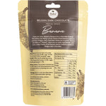100g pouch of Naked Chocolate Co dark chocolate coated freeze dried banana on a white background.
