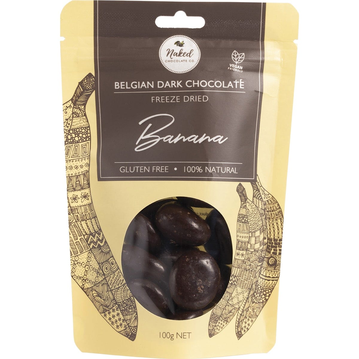 100g pouch of Naked Chocolate Co dark chocolate coated freeze dried banana on a white background.