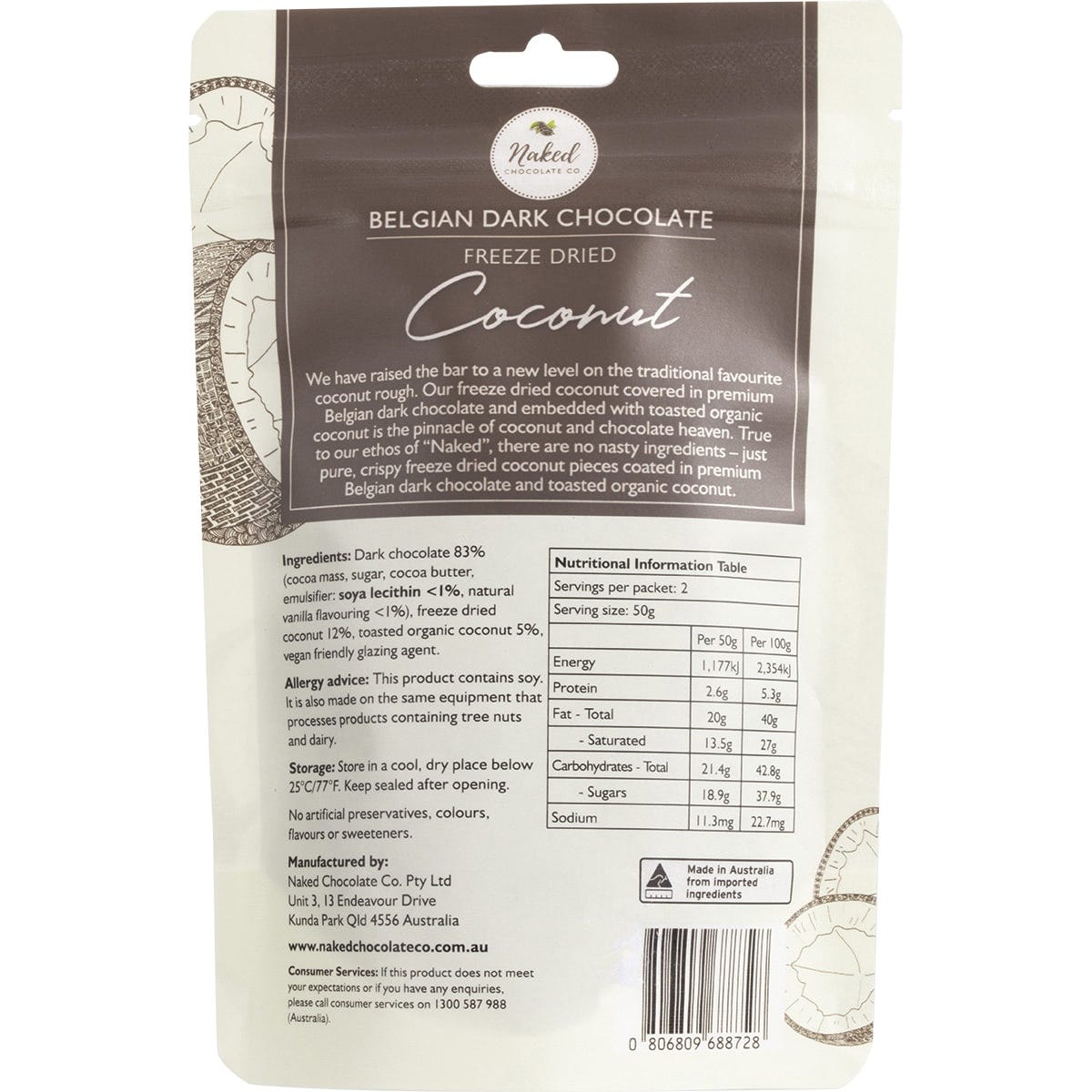 A 100g bag of Naked Chocolate Co Freeze Dried Coconut Dark Chocolate on a white background.