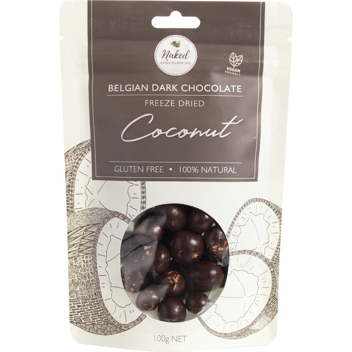 100g bag of Naked Chocolate Co freeze dried coconut pieces coated in dark chocolate and toasted organic coconut.