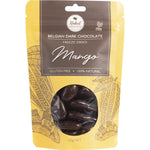 100g pouch of Naked Chocolate Co Freeze Dried Mango coated in Belgian dark chocolate on a white background.
