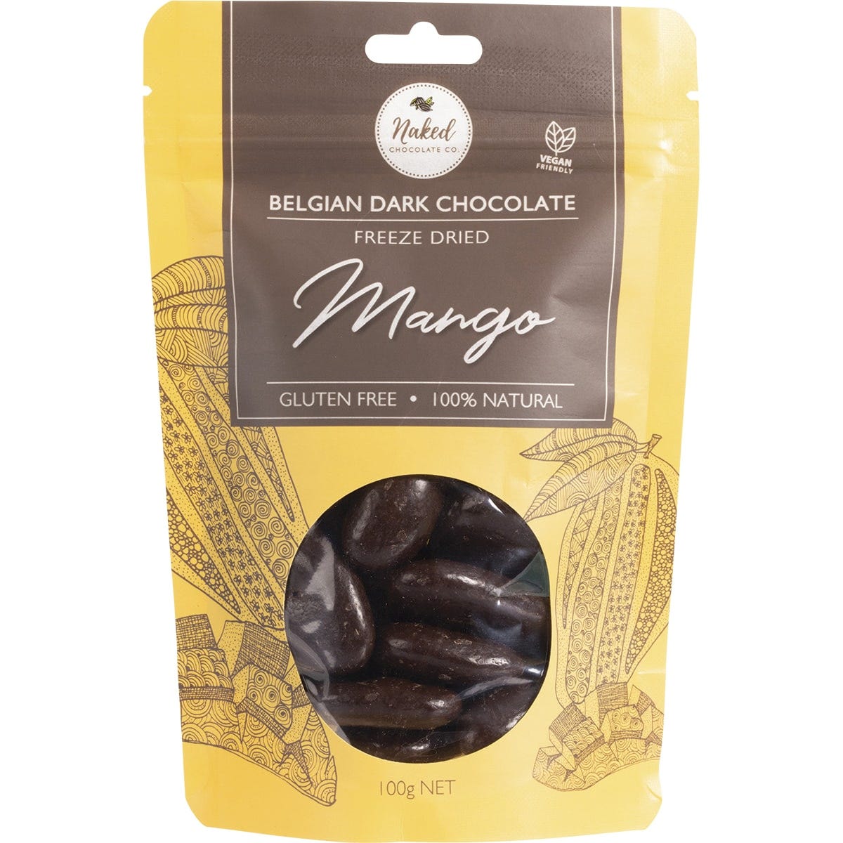 100g pouch of Naked Chocolate Co Freeze Dried Mango coated in Belgian dark chocolate on a white background.