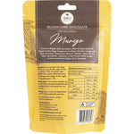 Dark chocolate coated freeze dried mango pieces on a white background.