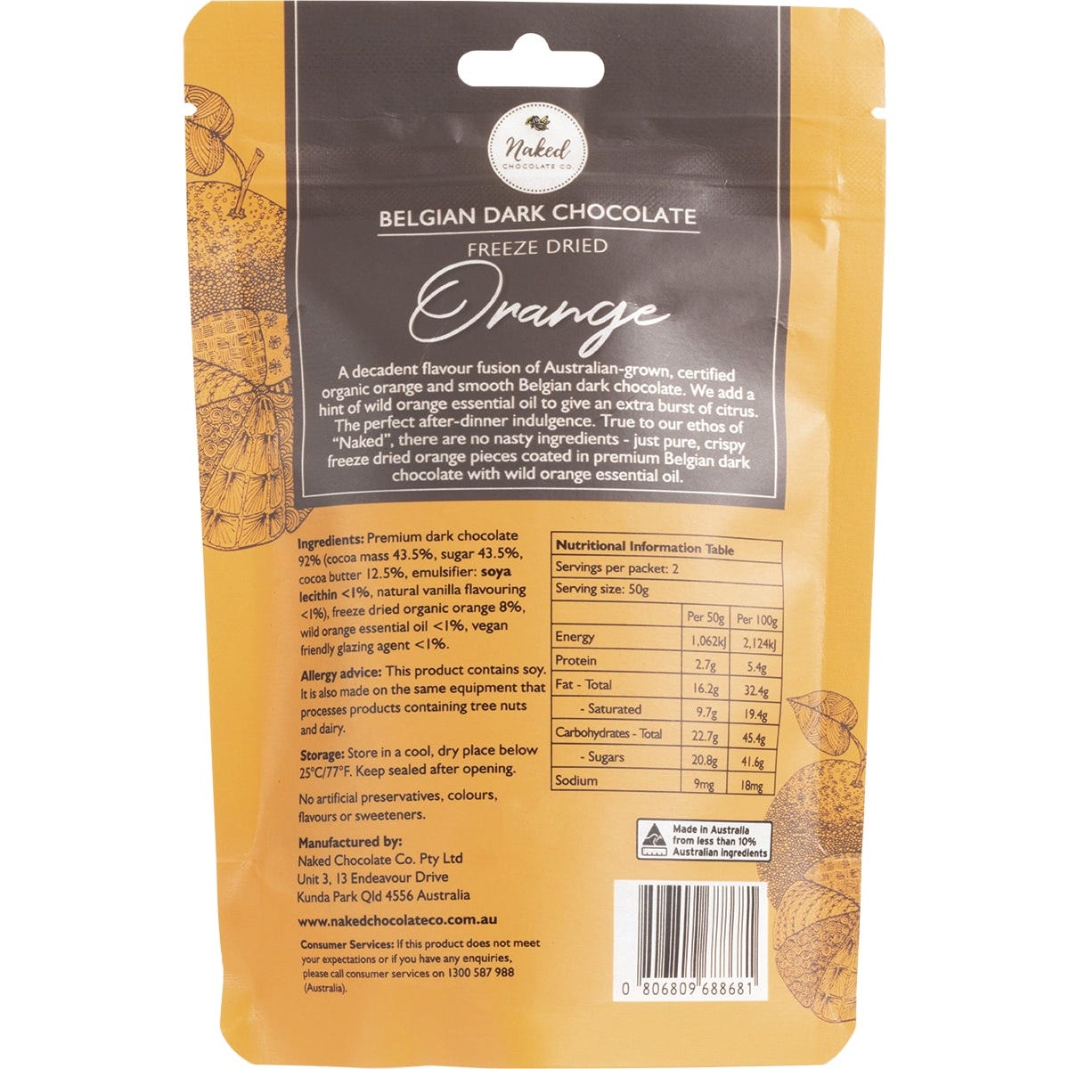 Naked Chocolate Co Freeze Dried Orange Dark Chocolate 100g bag on a white background.