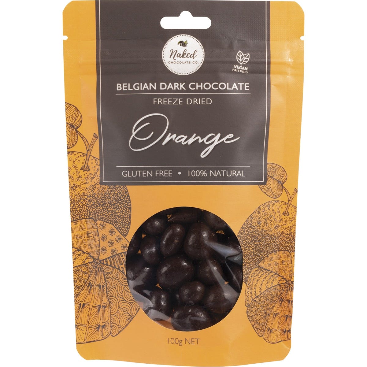 100g bag of Naked Chocolate Co Freeze Dried Orange Dark Chocolate with orange and chocolate illustrations.