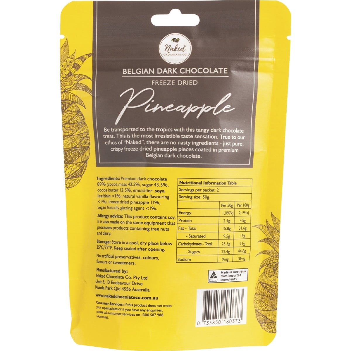 Naked Chocolate Co 100g bag of freeze-dried pineapple in dark chocolate on a white background.