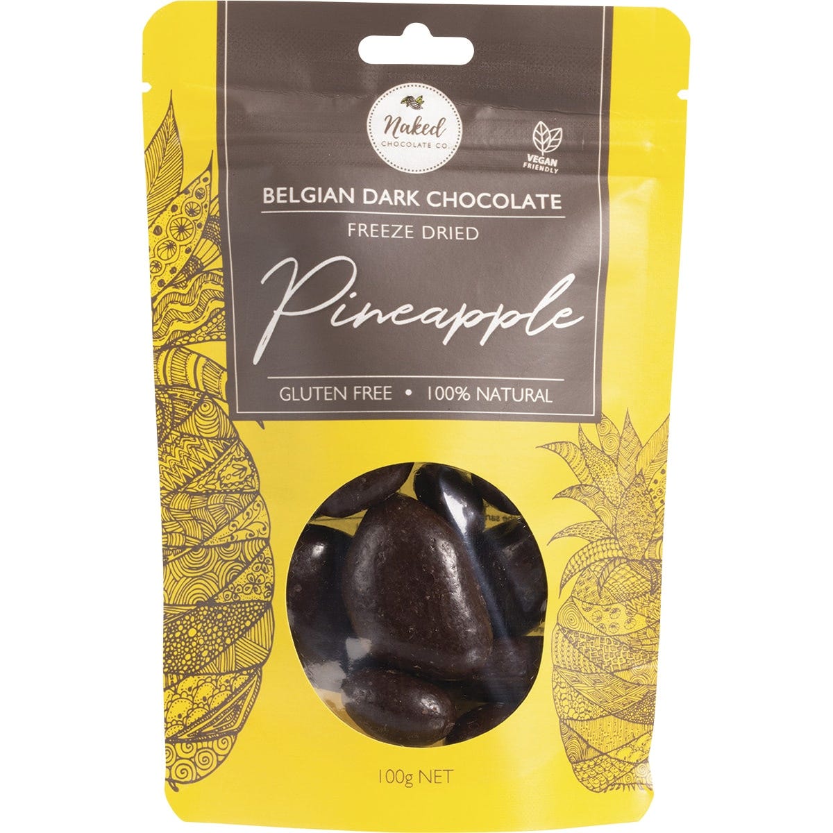 100g bag of Naked Chocolate Co Freeze Dried Pineapple coated in dark chocolate on a white background.