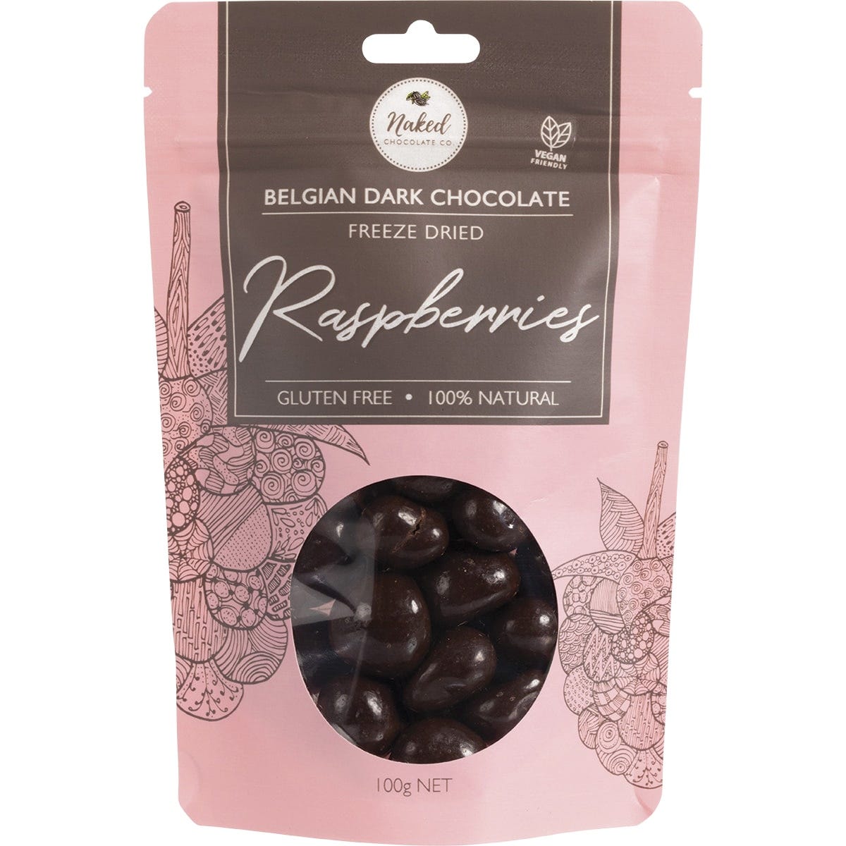 Naked Chocolate Co 100g bag of dark chocolate coated freeze dried raspberries on a white background.