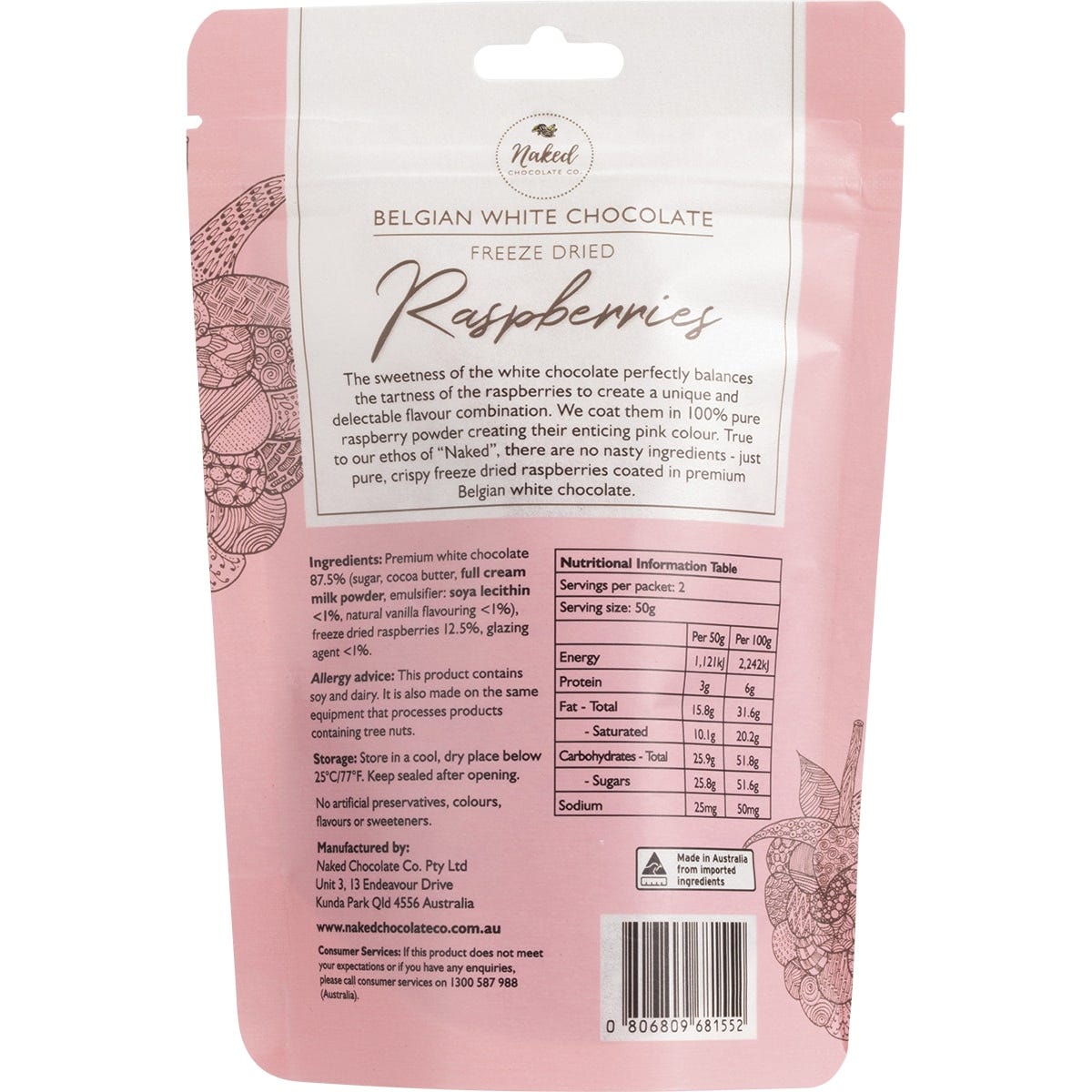 Naked Chocolate Co white chocolate coated freeze-dried raspberries in a pink 100g bag on a white background.