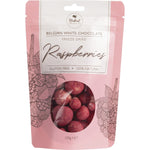 100g pack of Naked Chocolate Co Freeze Dried Raspberries coated in premium Belgian white chocolate.