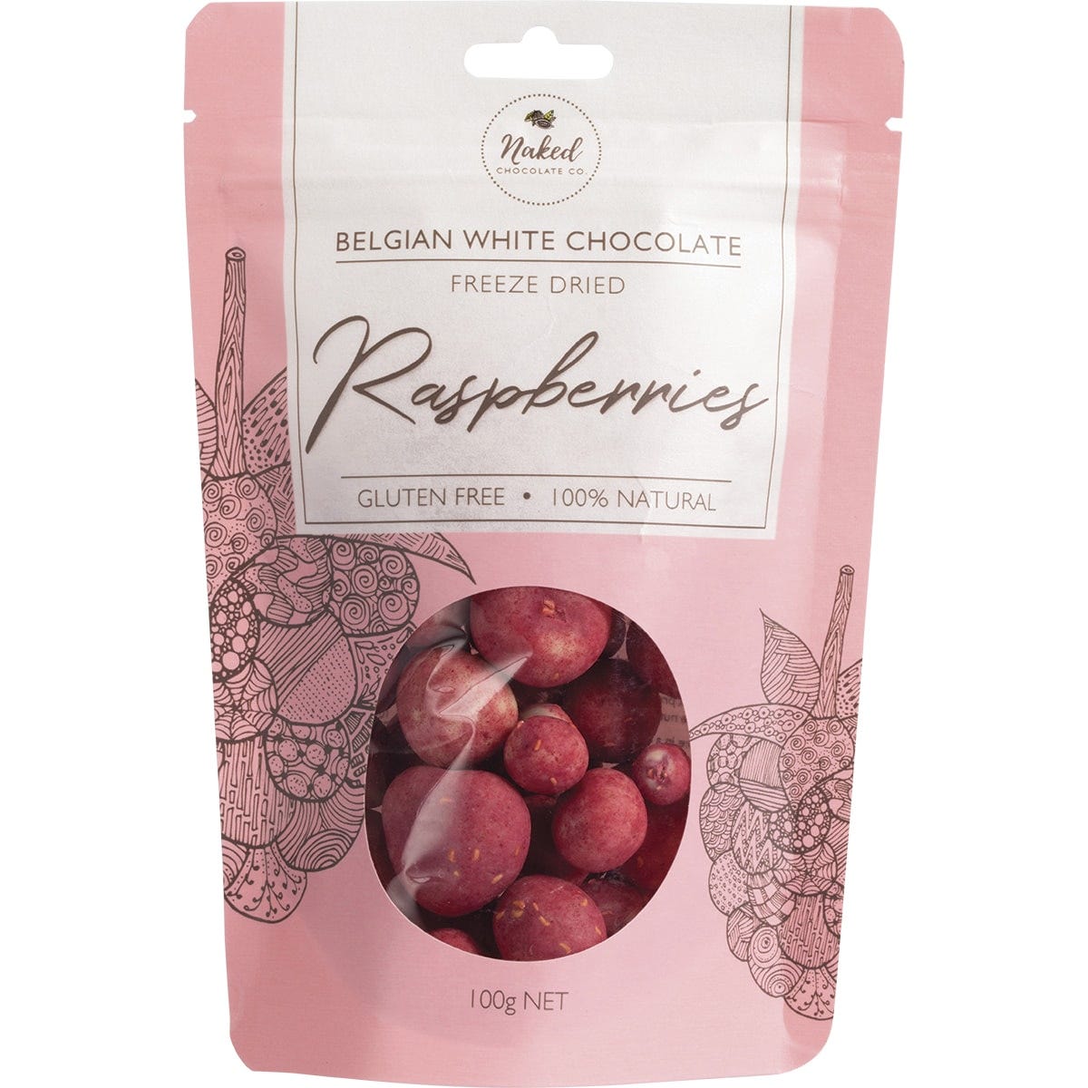 100g pack of Naked Chocolate Co Freeze Dried Raspberries coated in premium Belgian white chocolate.