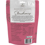 White chocolate coated freeze-dried strawberries shown next to a 90g bag of Naked Chocolate Co. snacks.