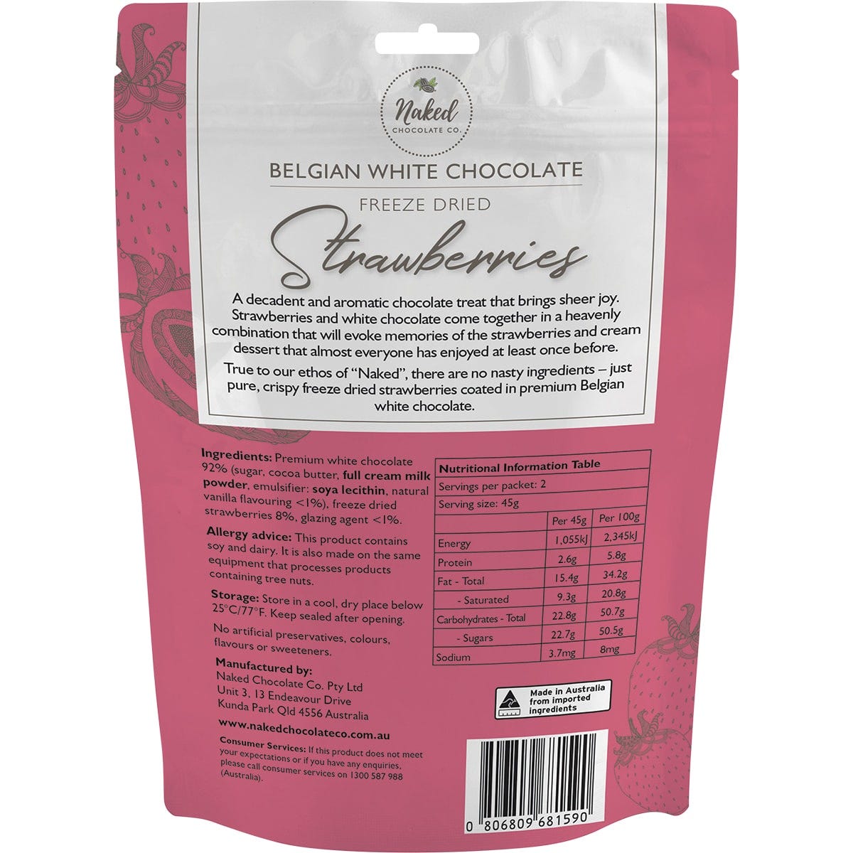 White chocolate coated freeze-dried strawberries shown next to a 90g bag of Naked Chocolate Co. snacks.
