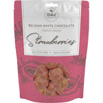 90g bag of Naked Chocolate Co. freeze-dried strawberries coated in Belgian white chocolate on a white background.