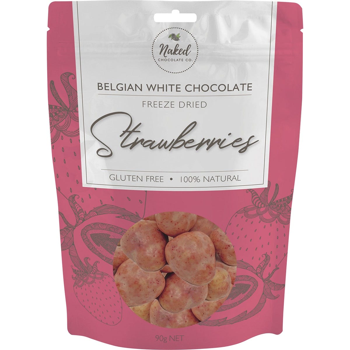90g bag of Naked Chocolate Co. freeze-dried strawberries coated in Belgian white chocolate on a white background.