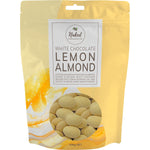 100g pack of Naked Chocolate Co Lemon Almond White Chocolate with roasted almonds and zesty lemon.