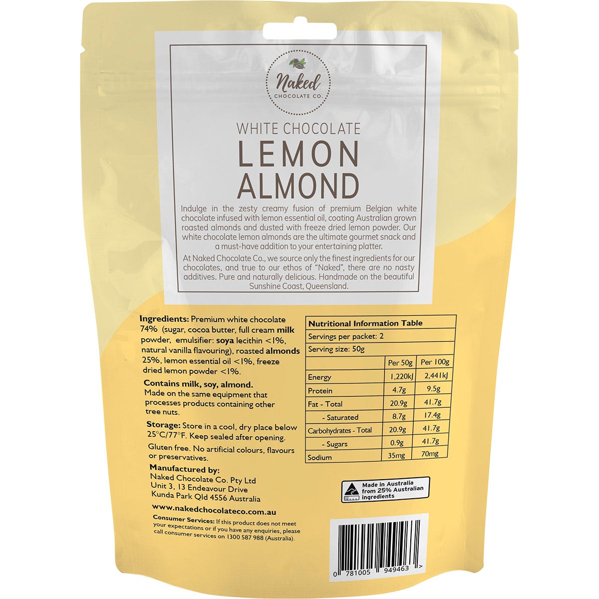 Roasted almonds coated in creamy white chocolate and dusted with yellow lemon powder on a white background.