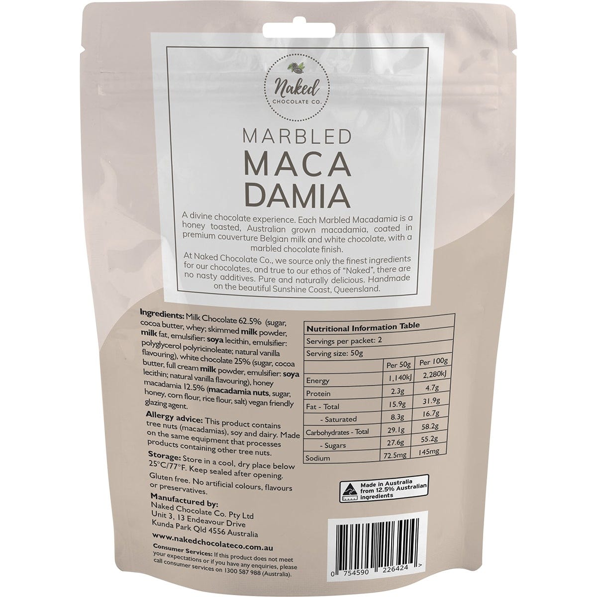 Marbled milk and white chocolate coated macadamias in a 100g bag on a white background.