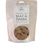Naked Chocolate Co 100g bag of marbled milk and white chocolate coated macadamias on a white background.