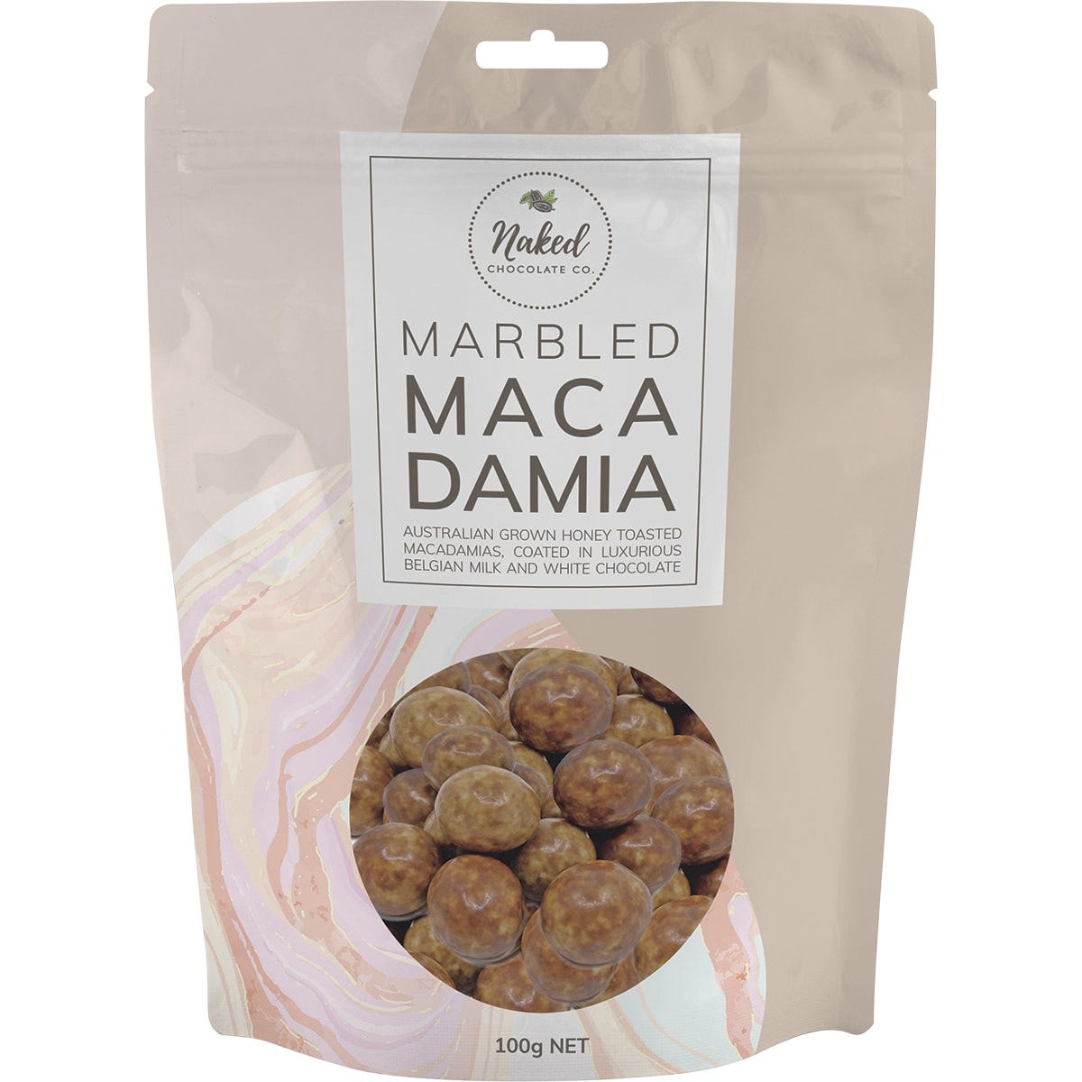 Naked Chocolate Co 100g bag of marbled milk and white chocolate coated macadamias on a white background.