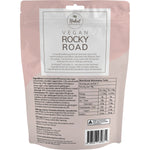 Vegan Rocky Road Dark Chocolate 100g pack with nuts, marshmallows, and coconut on a white background.