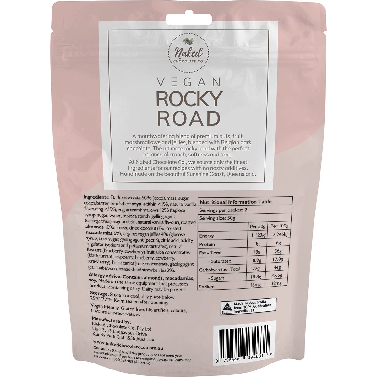 Vegan Rocky Road Dark Chocolate 100g pack with nuts, marshmallows, and coconut on a white background.
