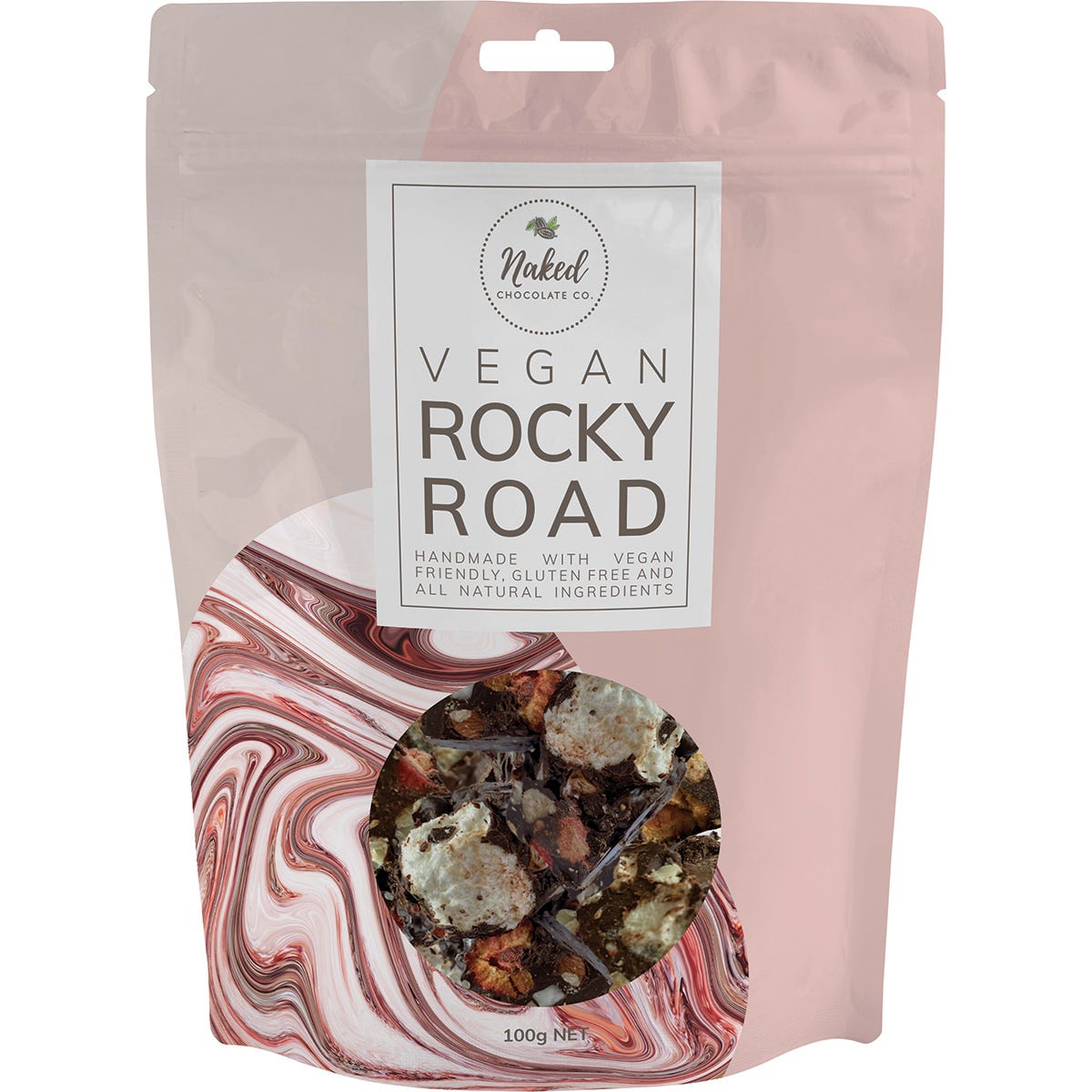 Naked Chocolate Co Vegan Rocky Road 100g pack of dark chocolate with nuts, marshmallows, and coconut on white background.