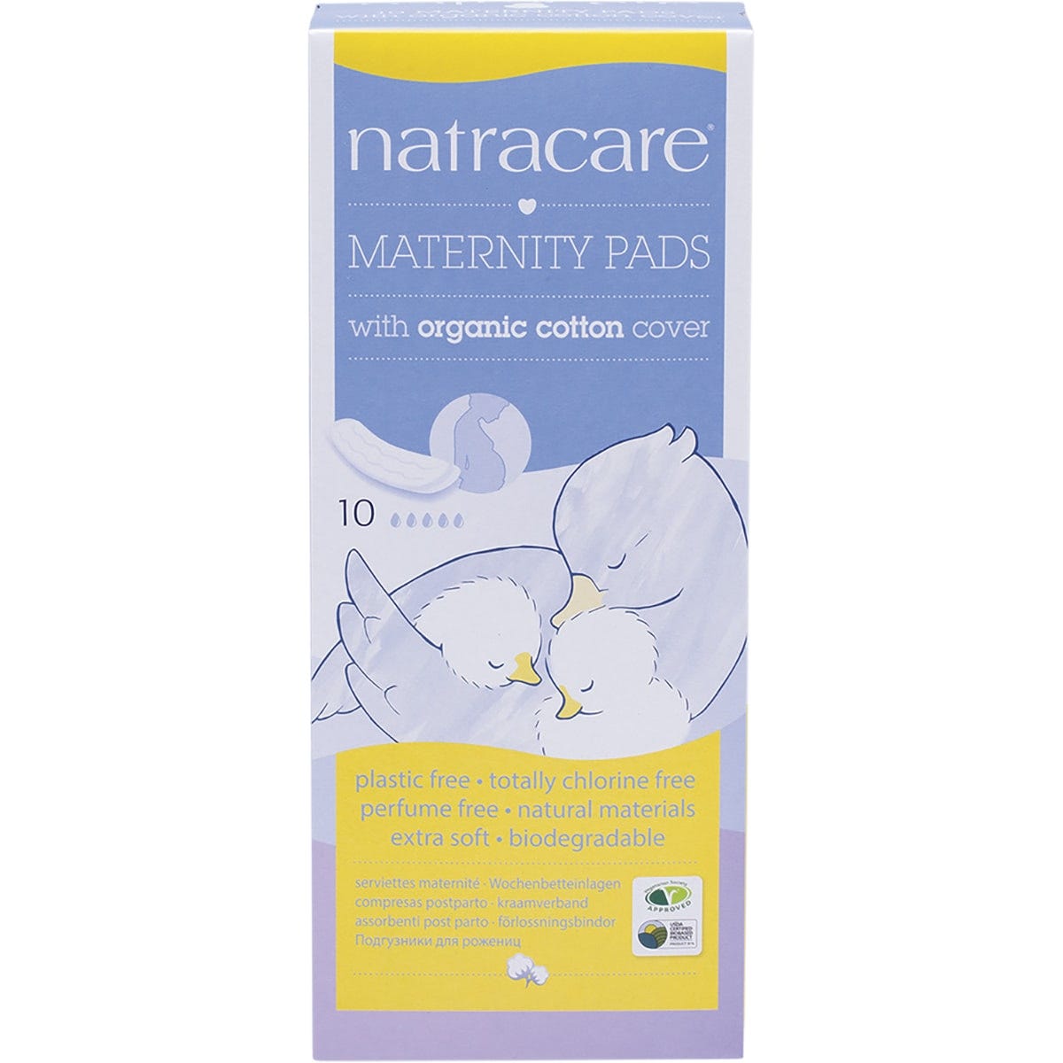 Box of 10 Natracare maternity pads with a soft organic cotton cover and plastic-free materials on a white background.