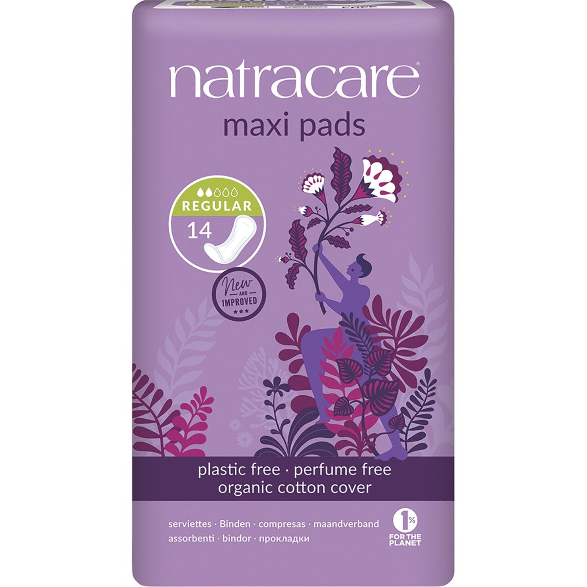 14 pack of Natracare Regular Maxi Pads featuring a pink and white box with organic cotton and plastic-free labels.