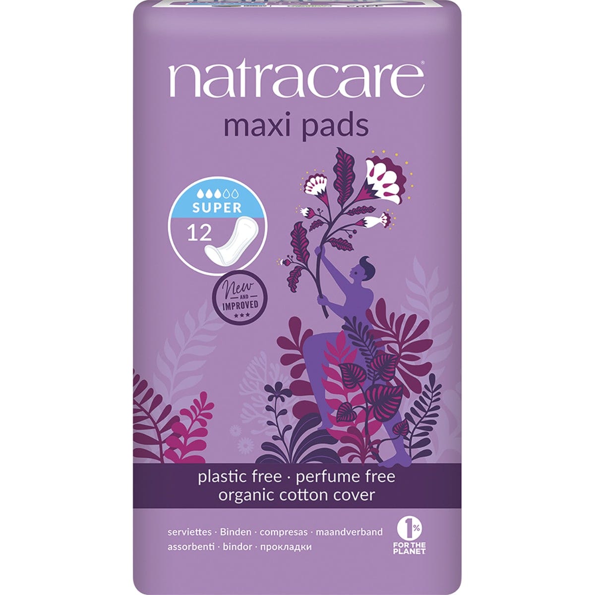 Natracare Maxi Pads Super 12 Pack featuring 100% organic cotton cover and plastic-free materials on a white background.