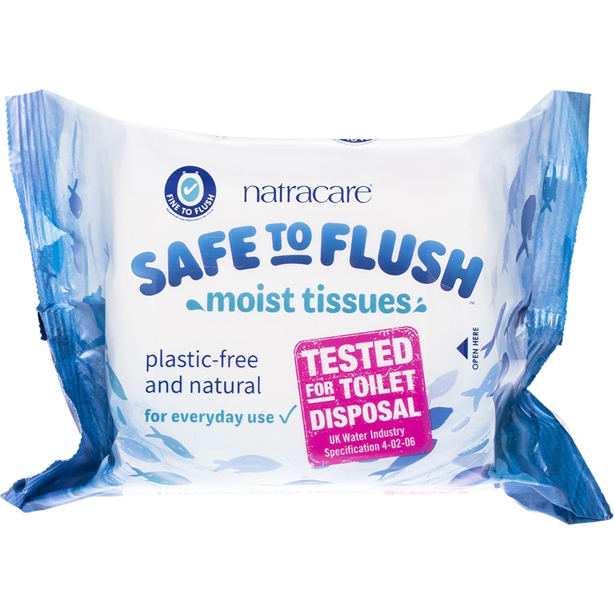 Natracare Safe to Flush 30-pack of moist tissues in a white and blue plastic-free package with a leaf design.