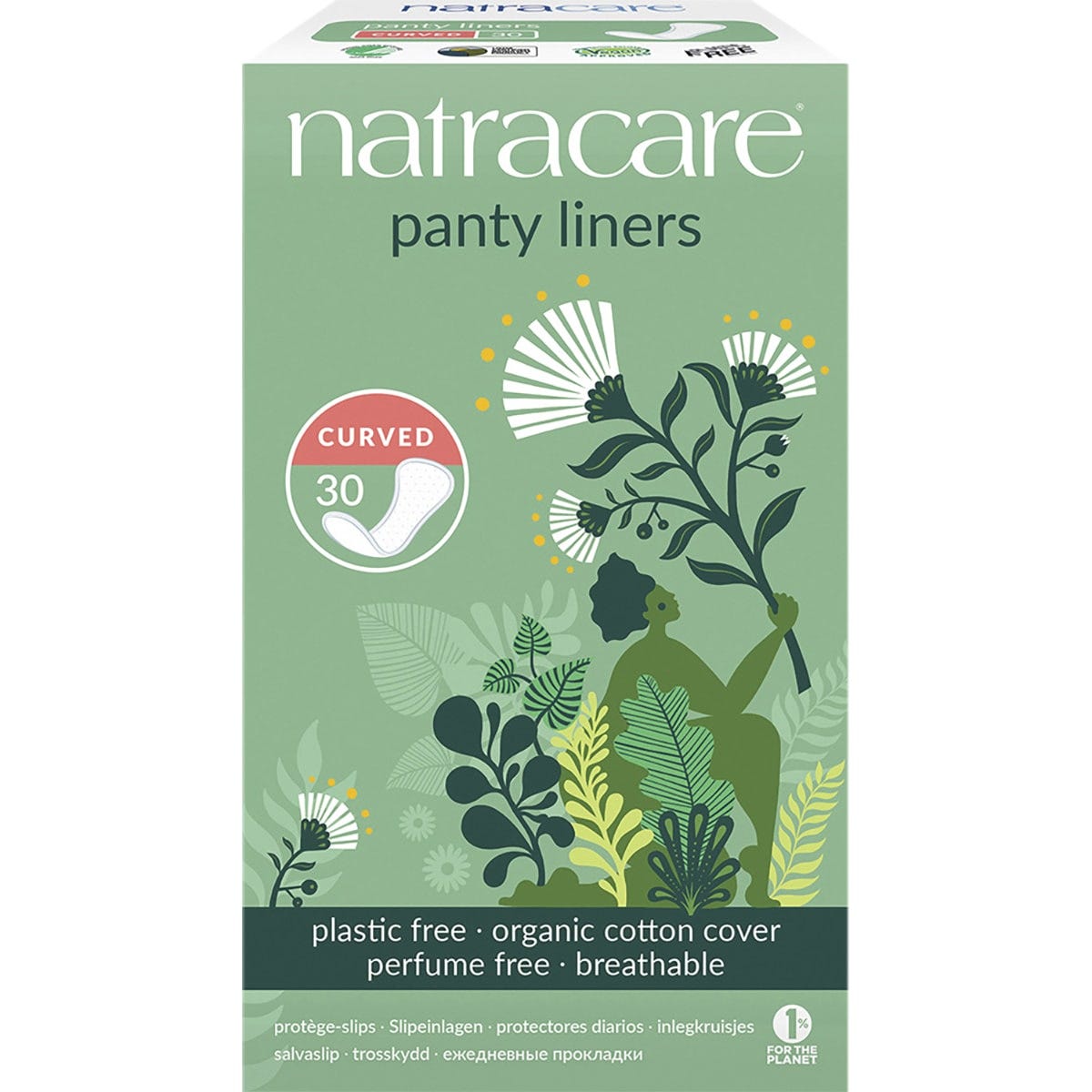 Box of 30 Natracare curved panty liners made from organic cotton and plastic-free materials.