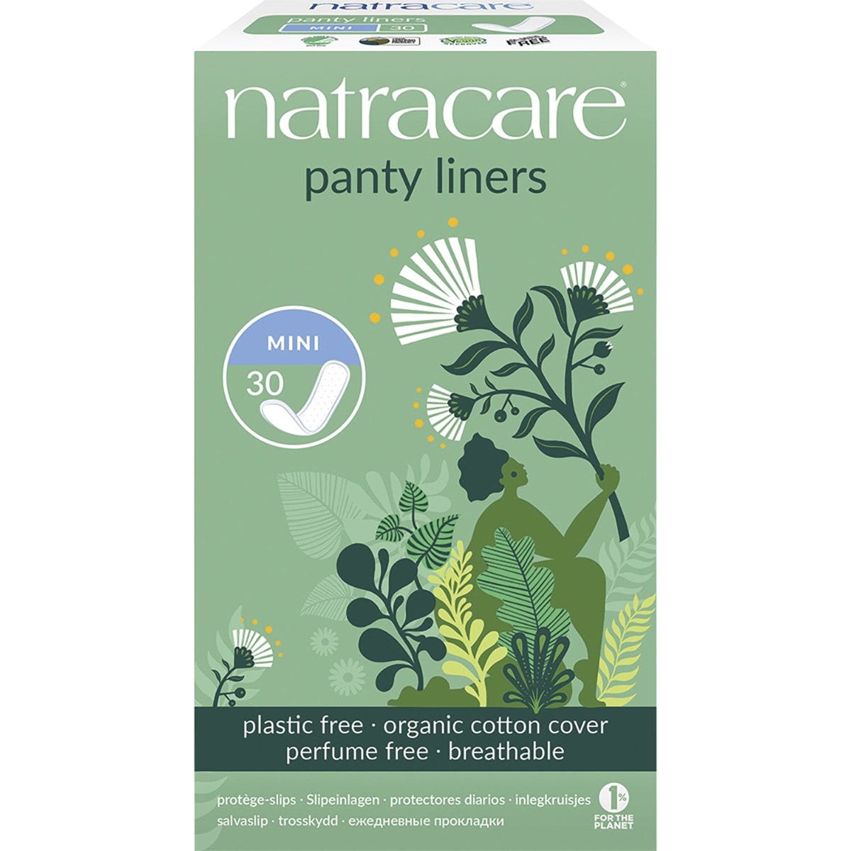 30 pack of Natracare Mini organic cotton panty liners in a white and green box on a white background.