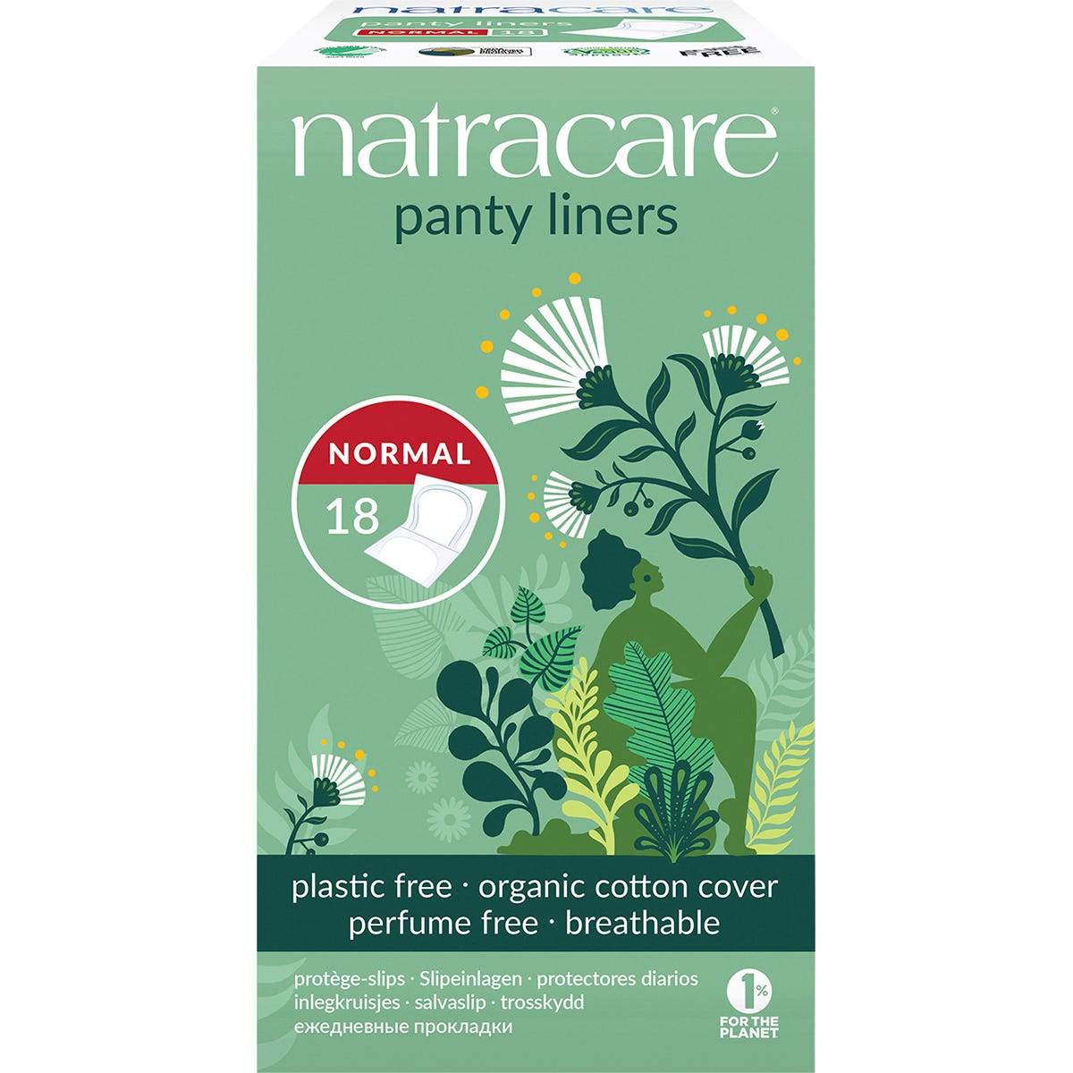18 pack of Natracare normal panty liners in a blue and white box with organic cotton and plastic-free labels.