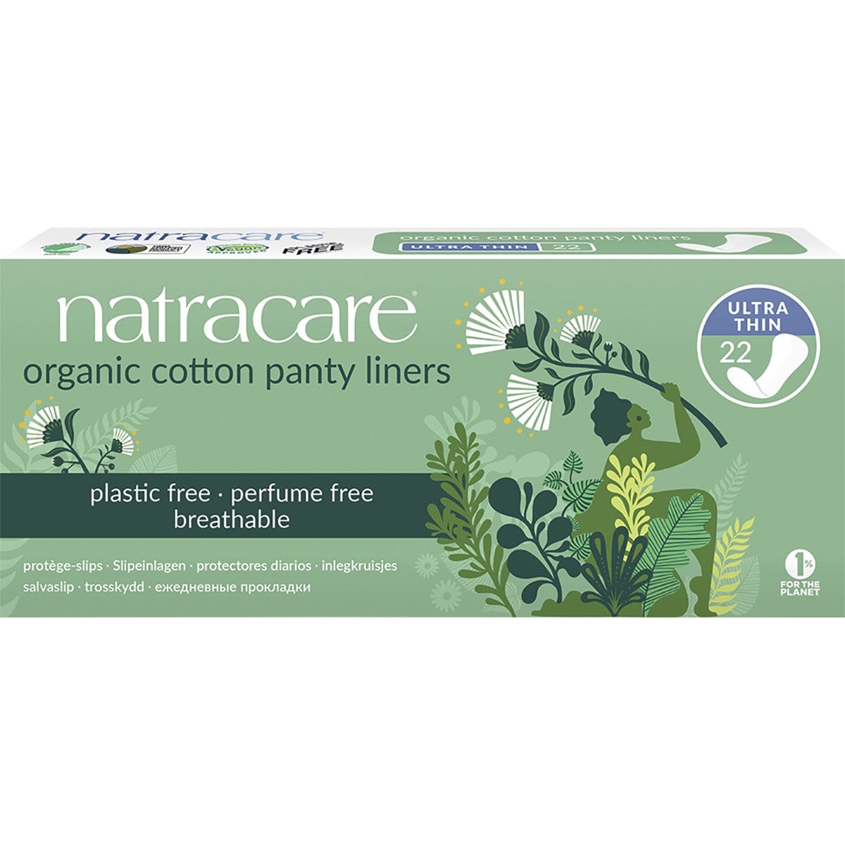 Box of 22 Natracare ultra thin organic cotton panty liners with plastic-free and perfume-free labels.