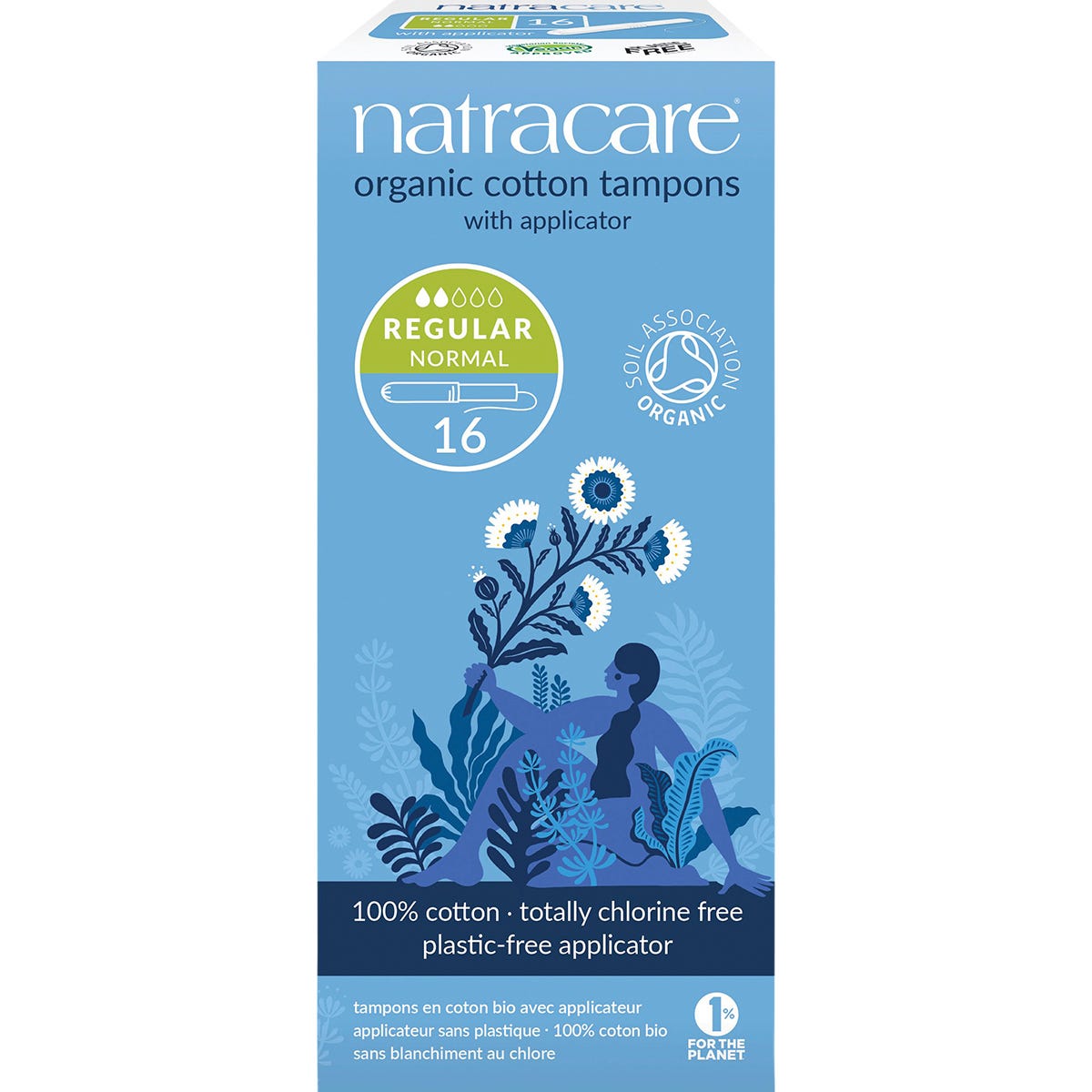 16-pack of Natracare Regular Tampons with biodegradable cardboard applicators in a white box with a pink and blue label.