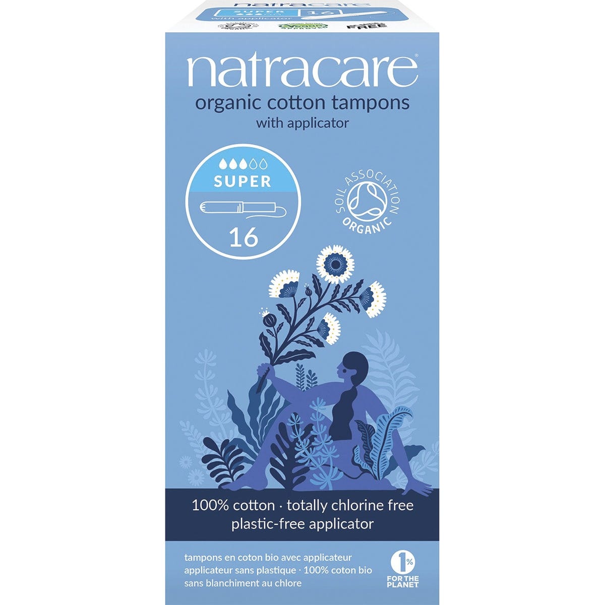 Box of 16 Natracare Super organic cotton tampons with biodegradable cardboard applicators on a white background.