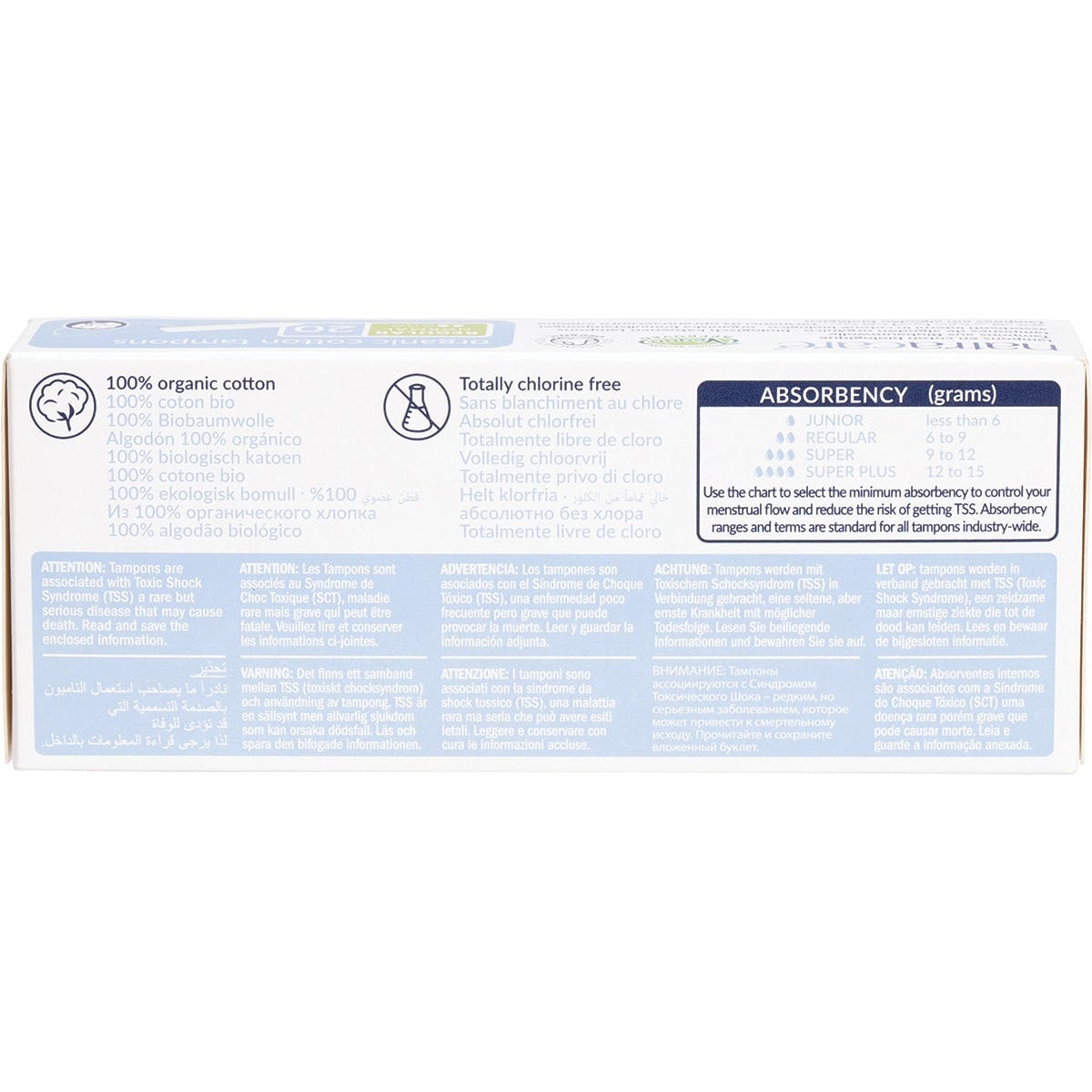 Box of 20 Natracare regular non-applicator tampons made from 100% organic cotton on a white background.