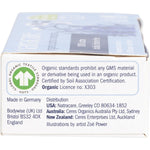 Side view of Natracare Regular Tampons box showing organic cotton benefits and plastic-free certification.
