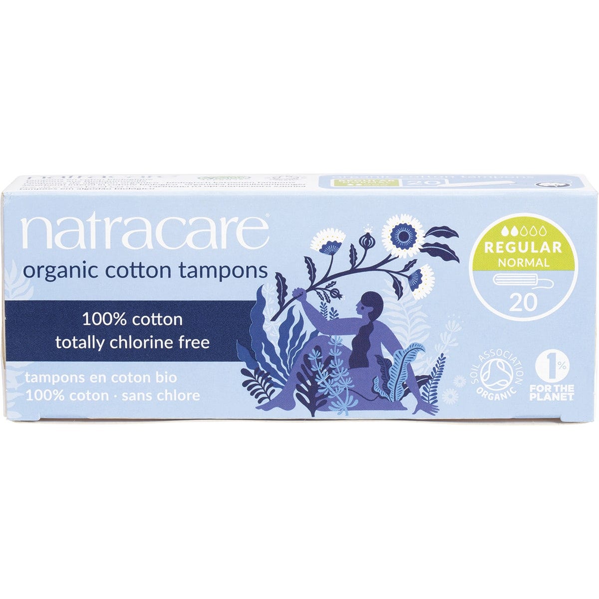 Box of 20 Natracare regular non-applicator tampons made from 100% organic cotton on a white background.